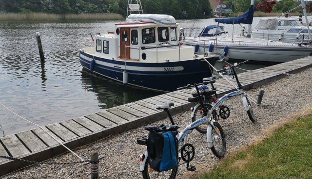 Molly am Steg mit den Klappfahrrädern